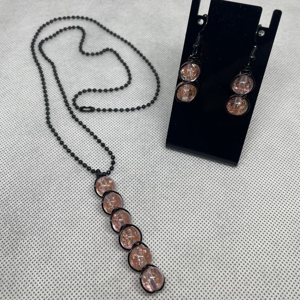 Pink Firefly Beads Double Wrapped With Copper-core Wire Necklace & Earring Set